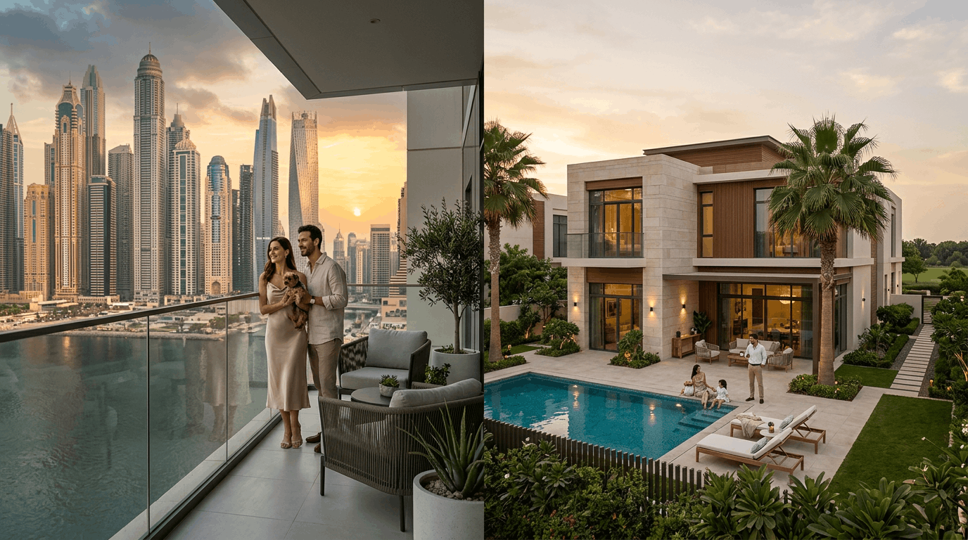 Modern Dubai villa community lifestyle showing family-friendly luxury villas with private gardens, spacious layouts, and green residential neighborhoods