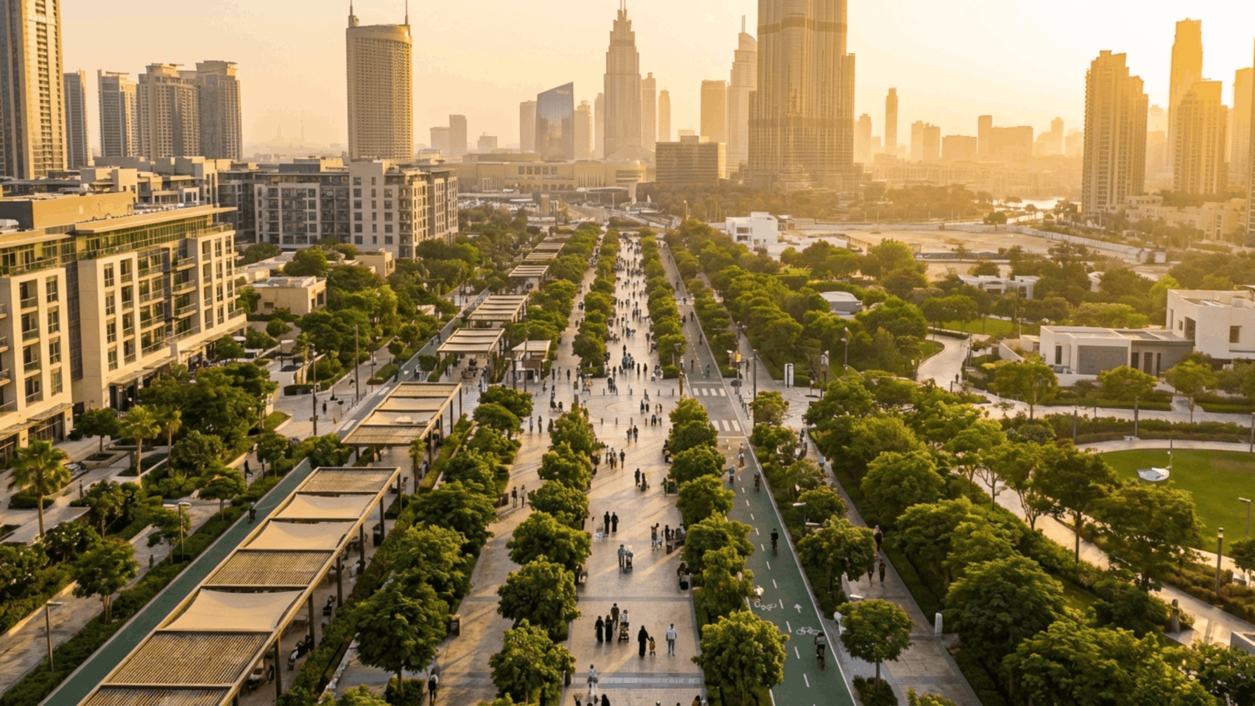 Dubai 20 minute city urban development concept showing walkable neighborhoods, mixed-use communities, and sustainable transport infrastructure in Dubai 2040 master plan