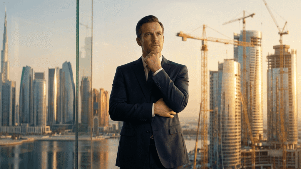 Off-plan blueprint construction vs completed Dubai skyline at golden hour split view